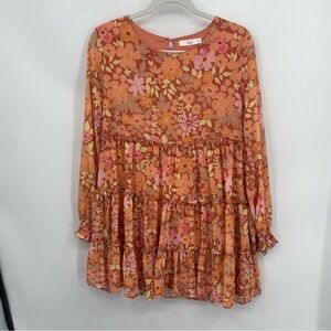 Talulah x Peach Love California Gracie Retro Floral tiered Dress M Orange pink